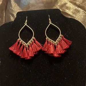 Boho gold and burgundy tassel earrings